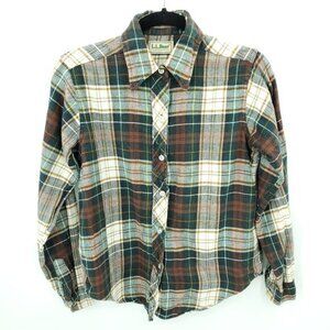 VTG L.L. Bean 100% Cotton Plaid Flannel Button Shirt S/M Cream/Green/Brown